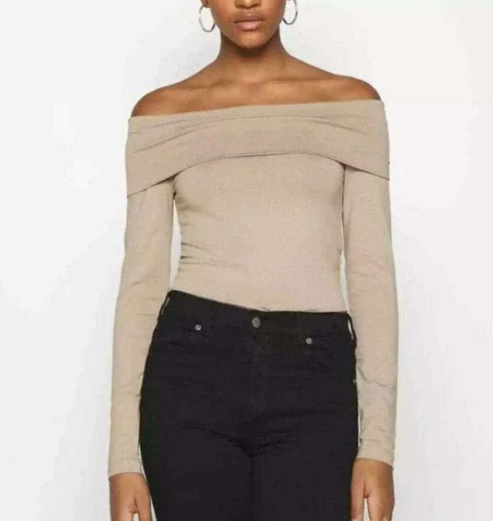 Vero Moda SMALL Long Sleeve Off Shoulder Top Silver Mink Sexy Cocktail BODYCON